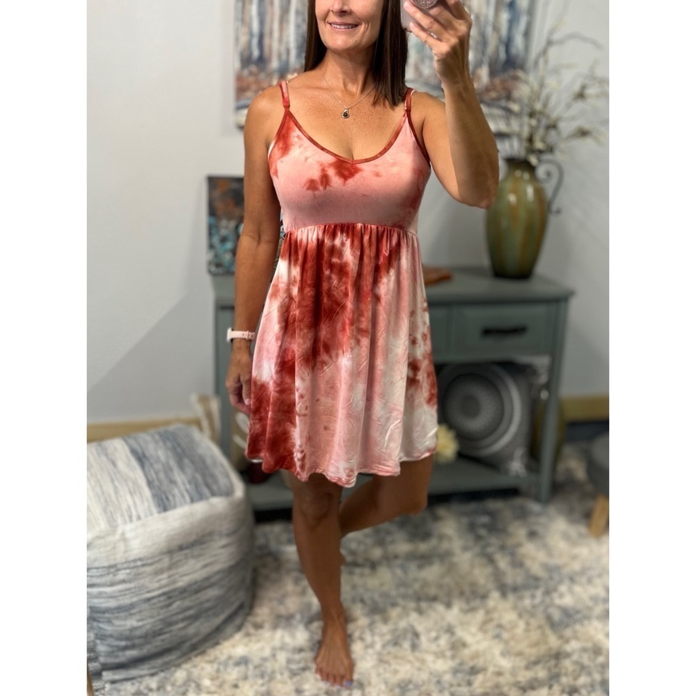 Tie Dye Mini Cami V Neck Tank Dress Adjustable Strap Pink 0623